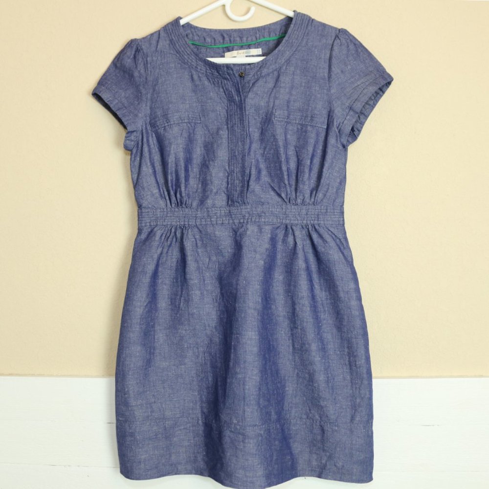 Boden Dress Blue Cotton Linen Blend Short Snap Buttons Cap Sleeves US 8 Petite